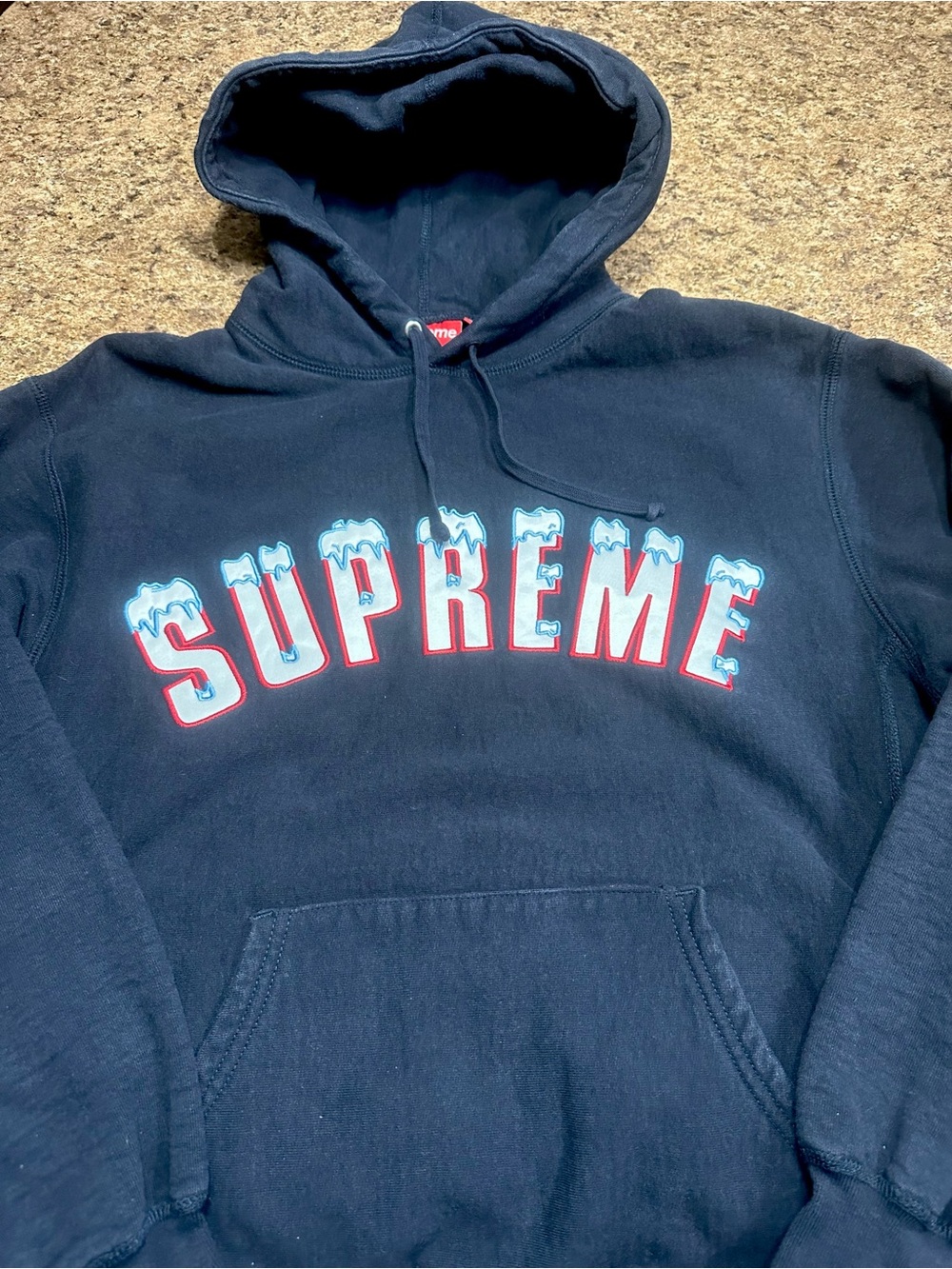 WORN TWICE Supreme Navy Crewneck Hoodie with Icy Red-Outlined Logo Medium
